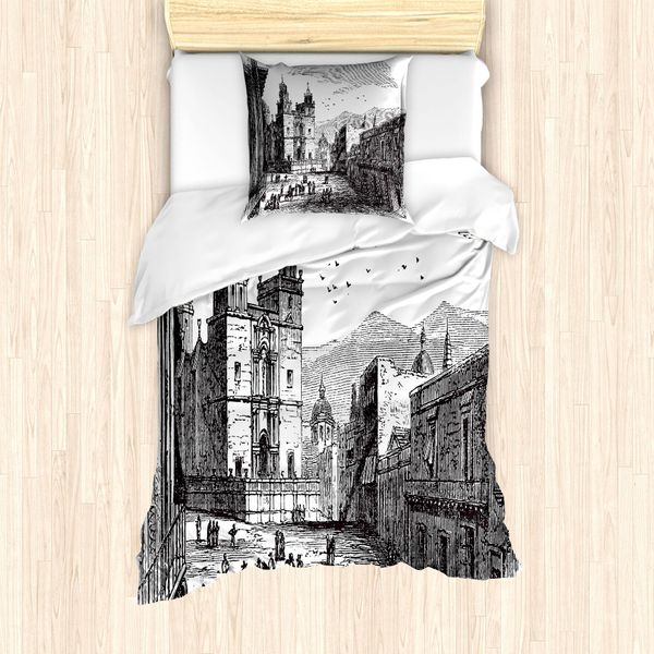 Abakuhaus Set Copripiumino Per Letto Singolo, Edificio Storico, Antiacaro, Adatto A Chi Soffre Di Allergie, Con Federa, 135 Cm X 200 Cm - 80 X 80 Cm, Grigio Antracite Bianco-image