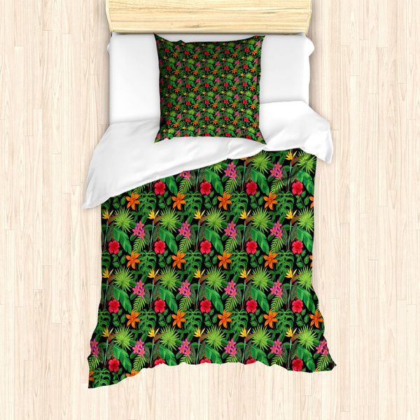 Abakuhaus Set Copripiumino Tropicale Per Letti Singoli, Foglie Estive Colorate, Antiacaro, Adatto A Chi Soffre Di Allergie, Con Federa, 135 Cm X 200 Cm - 80 X 80 Cm, Multicolore-image