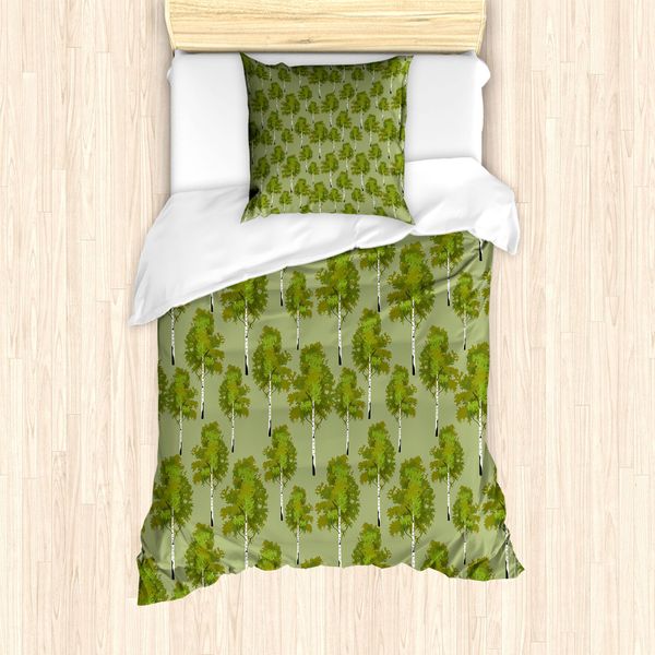 Abakuhaus Set Copripiumino Per Letto Singolo, Scena Boschiva Con Alberi, Antiacaro, Adatto A Chi Soffre Di Allergie, Con Federa, 135 Cm X 200 Cm - 80 X 80 Cm, Verde Oliva Verde Chiaro-image