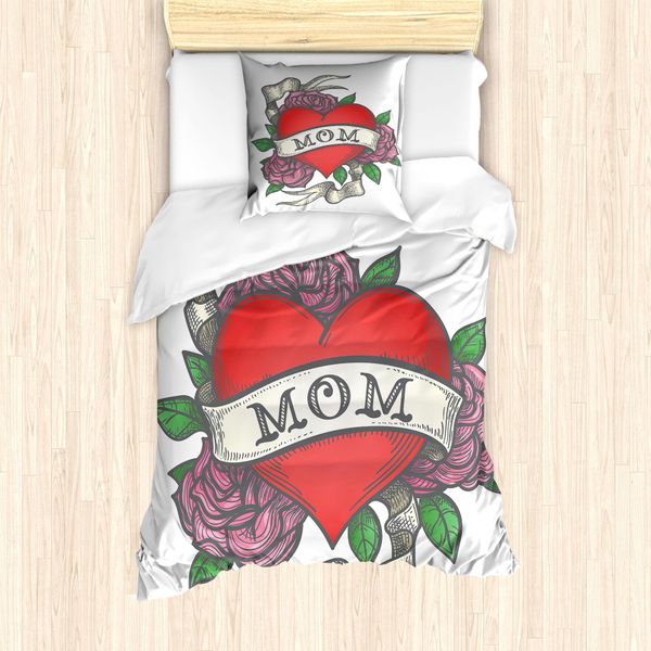 Abakuhaus Set Copripiumino Per Letto Singolo, Cuore Con Rose E Mamma, Antiacaro, Adatto A Chi Soffre Di Allergie, Con Federa, 135 Cm X 200 Cm - 80 X 80 Cm, Multicolore-image
