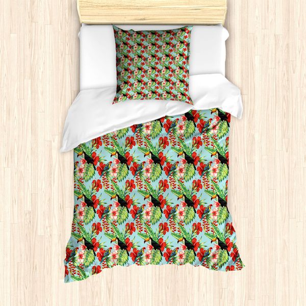 Abakuhaus Set Copripiumino Esotico Per Letti Singoli, Hibiscus Parrot E Toucan, Antiacaro, Adatto A Chi Soffre Di Allergie, Con Federa, 135 Cm X 200 Cm - 80 X 80 Cm, Multicolore-image