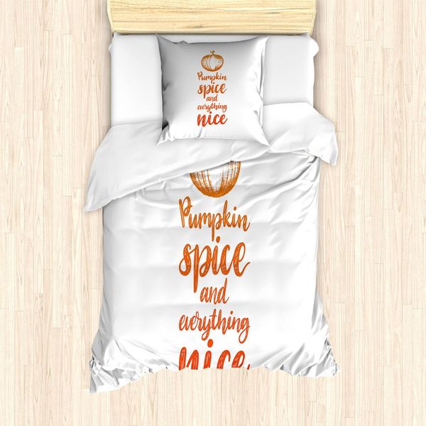 Abakuhaus Set Copripiumino Con Motivo Zucche, Disegno Happy Harvest Thanksgiving - Tipografia Corsiva Su Sfondo Semplice, 135 X 200 Cm + 80 X 80 Cm, Rosso Cinabro-image