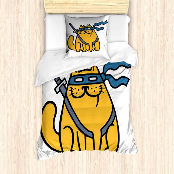 Abakuhaus Ninja Cat Set Copripiumino Per Letti Singoli, Animale Domestico Eroe Bendato, Antiacaro, Adatto A Chi Soffre Di Allergie, Con Federa, 135 Cm X 200 Cm - 80 X 80 Cm, Blu Marigold-Ardesia-image
