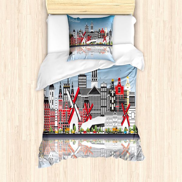 Abakuhaus Amsterdam Set Copripiumino Per Letti Singoli, Skyline Della Città Calligrafia, Antiacaro, Adatto A Chi Soffre Di Allergie, Con Federa, 135 Cm X 200 Cm - 80 X 80 Cm, Multicolore-image