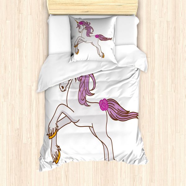 Abakuhaus Set Copripiumino Unicorn Party Per Letti Singoli, Cavallo Delle Fiabe Flora, Antiacaro, Adatto A Chi Soffre Di Allergie, Con Federa, 135 Cm X 200 Cm - 80 X 80 Cm, Bianco Malva-image