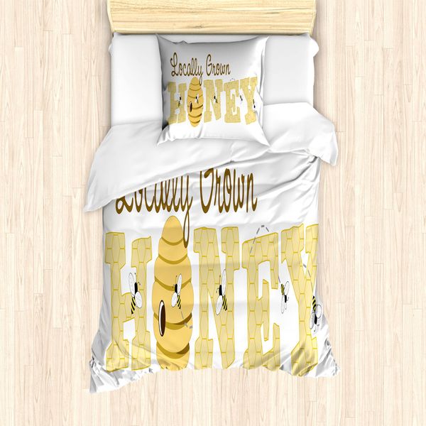 Abakuhaus Set Copripiumino Honey Bee Per Letti Singoli, Calligrafia Locale, Antiacaro, Adatto A Chi Soffre Di Allergie, Con Federa, 135 Cm X 200 Cm - 80 X 80 Cm, Cacao Scuro Senape-image