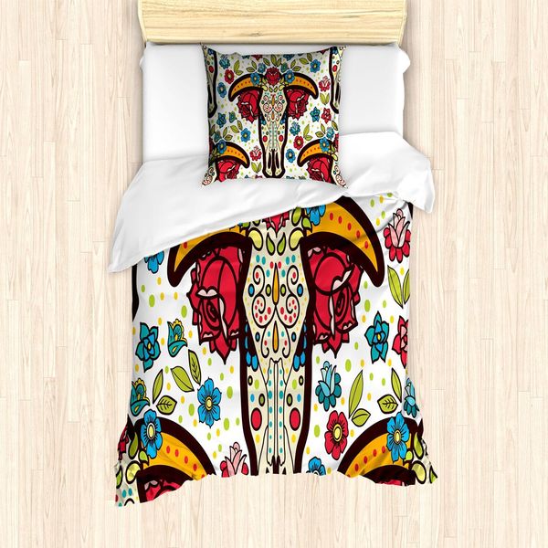 Abakuhaus Set Copripiumino Etnico, Teschi Decorativi Messicani In Stile Folcloristico Con Fiori BohéMien, 135 X 200 Cm + 80 X 80 Cm, Multicolore-image