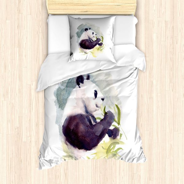 Abakuhaus Set Copripiumino Per Letto Singolo, Animale Acquerellato Che Mangia Bambù, Antiacaro, Adatto A Chi Soffre Di Allergie, Con Federa, 135 Cm X 200 Cm - 80 X 80 Cm, Multicolore-image