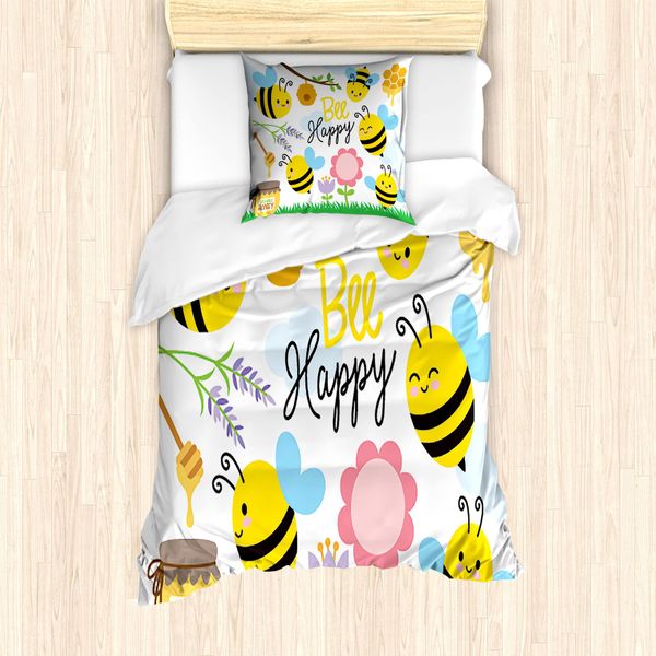 Abakuhaus Set Copripiumino Per Letto Singolo Honey Bee, Bee Happy Spring Garden, Antiacaro, Adatto A Chi Soffre Di Allergie, Con Federa, 135 Cm X 200 Cm - 80 X 80 Cm, Multicolore-image