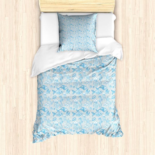 Abakuhaus Set Copripiumino Nautico Per Letti Singoli, Motivi Sottomarini, Antiacaro, Adatto A Chi Soffre Di Allergie, Con Federa, 135 Cm X 200 Cm - 80 X 80 Cm, Sky Blue Multicolor-image