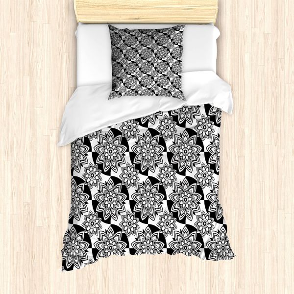 Set Copripiumino Abakuhaus Per Letti Singoli, Motivo Floreale Monocromatico Visto Dall'alto, Antiacaro E Anallergico, Con Federa, 135 Cm X 200 Cm - 80 X 80 Cm, Grigio Antracite E Bianco-image