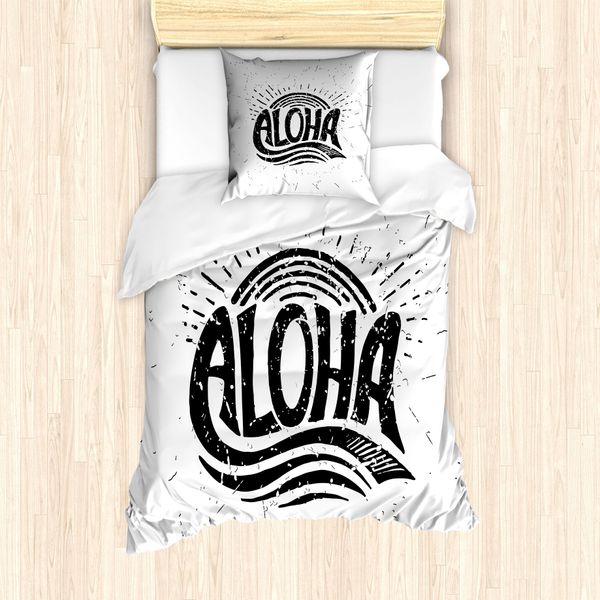 Abakuhaus Set Copripiumino Aloha Per Letti Singoli, Calligrafia In Stile Grunge, Antiacaro, Adatto A Chi Soffre Di Allergie, Con Federa, 135 Cm X 200 Cm - 80 X 80 Cm, Grigio Antracite E Bianco-image