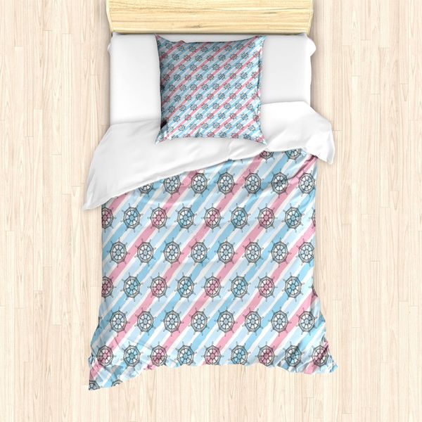 Abakuhaus Set Copripiumino Marittimo Per Letti Singoli, Strisce Volante, Antiacaro, Adatto A Chi Soffre Di Allergie, Con Federa, 135 Cm X 200 Cm - 80 X 80 Cm, Azzurro E Rosa Pallido-image