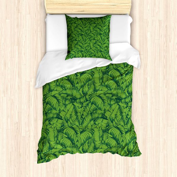 Abakuhaus Set Copripiumino Esotico Per Letti Singoli, Motivo Foglie Di Banano, Antiacaro, Adatto A Chi Soffre Di Allergie, Con Federa, 135 Cm X 200 Cm - 80 X 80 Cm, Fern Green Verde Cacciatore-image