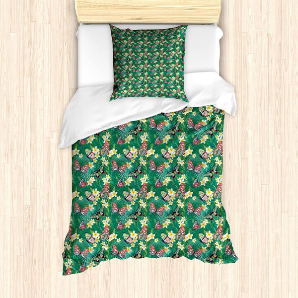 Abakuhaus Set Copripiumino Tropicale Per Letti Singoli, Farfalla Esotica Plumeria, Antiacaro, Adatto A Chi Soffre Di Allergie, Con Federa, 135 Cm X 200 Cm - 80 X 80 Cm, Verde Bosco Multicolore-image