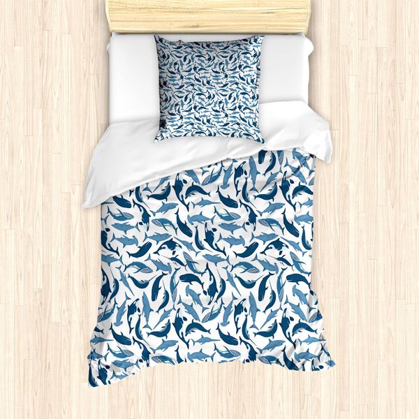Abakuhaus Set Copripiumino Per Letti Singoli, Squali, Narvali, Mammiferi Marini, Antiacaro, Adatto A Chi Soffre Di Allergie, Con Federa, 135 Cm X 200 Cm - 80 X 80 Cm, Bianco E Blu Notte-image