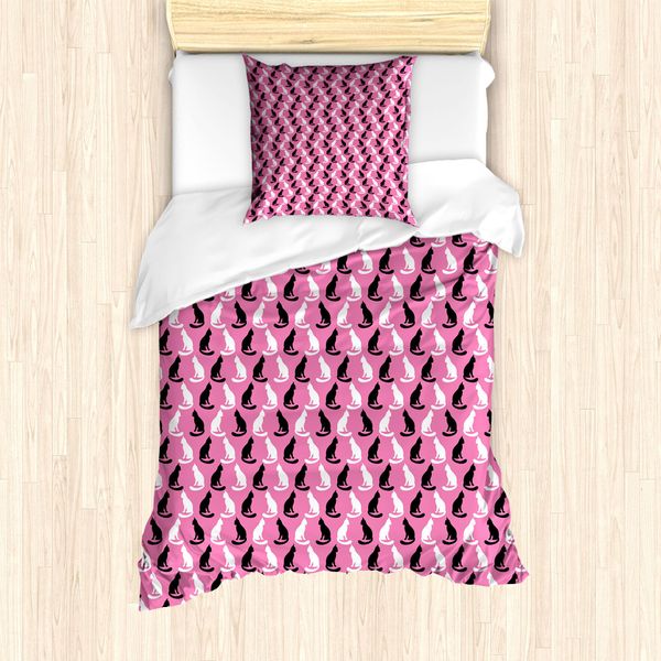 Abakuhaus Set Copripiumino Per Letto Singolo Con Gattini, Artistico, Antiacaro, Anallergico, Con Federa, 135 Cm X 200 Cm - 80 X 80 Cm, Rosa E Grigio Antracite-image