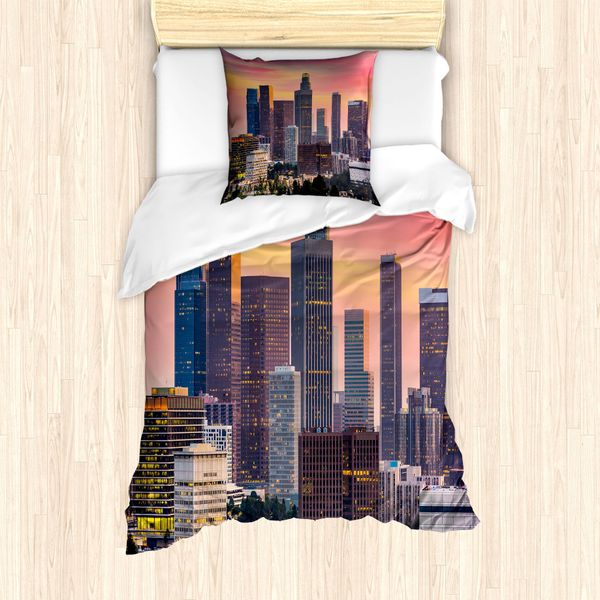 Abakuhaus Set Copripiumino Per Letto Singolo, Los Angeles Skyline Arancione Cielo, Antiacaro, Adatto A Chi Soffre Di Allergie, Con Federa, 135 Cm X 200 Cm - 80 X 80 Cm, Multicolore-image