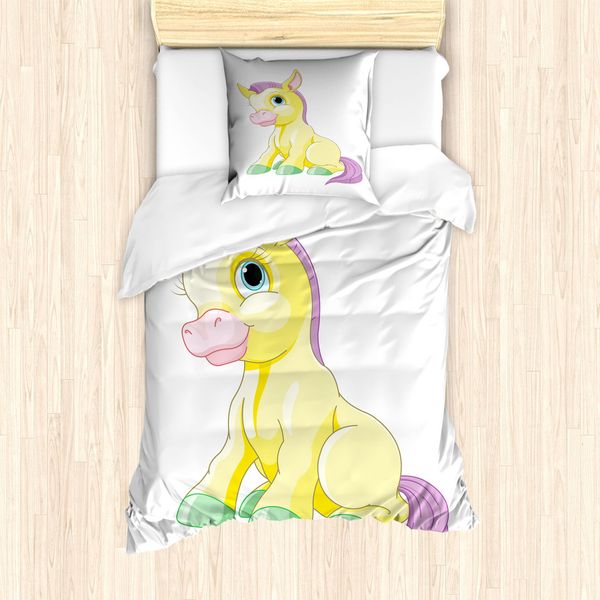 Abakuhaus Set Copripiumino Per Letto Singolo, Divertente Cavallo Cartoon Childish, Antiacaro E Anallergico, Con Federa, 135 Cm X 200 Cm - 80 X 80 Cm, Bianco E Giallo-image