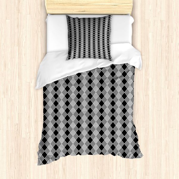 Abakuhaus Set Copripiumino Geometrico Per Letti Singoli, Modern Concentric Squares, Antiacaro E Anallergico Con Federa, 135 Cm X 200 Cm - 80 X 80 Cm, Grigio Antracite E Bianco-image