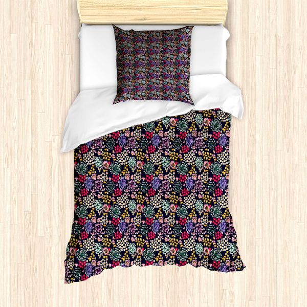 Abakuhaus Set Copripiumino Botanico Per Letti Singoli, Vari Motivi Retrò Primaverili, Antiacaro, Adatto A Chi Soffre Di Allergie, Con Federa, 135 Cm X 200 Cm - 80 X 80 Cm, Indaco Multicolore-image