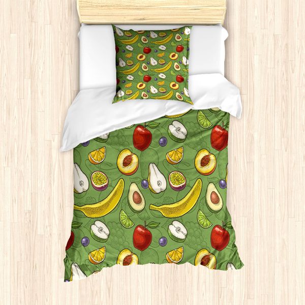 Abakuhaus Set Copripiumino Per Letti Singoli, Avocado, Mele, Banana, Lime, Antiacaro, Adatto A Chi Soffre Di Allergie, Con Federa, 135 Cm X 200 Cm - 80 X 80 Cm, Verde Multicolore-image