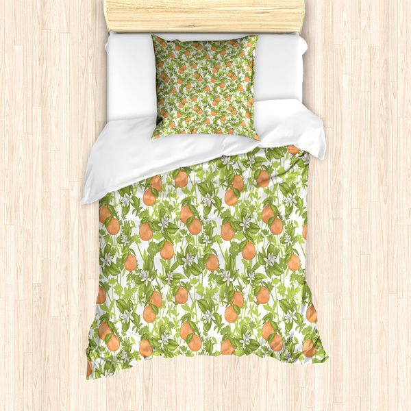 Abakuhaus Set Copripiumino Per Letto Singolo, Fiori Vintage Color Mandarino, Antiacaro E Anallergico, Con Federa, 135 Cm X 200 Cm - 80 X 80 Cm, Arancione Verde Oliva-image