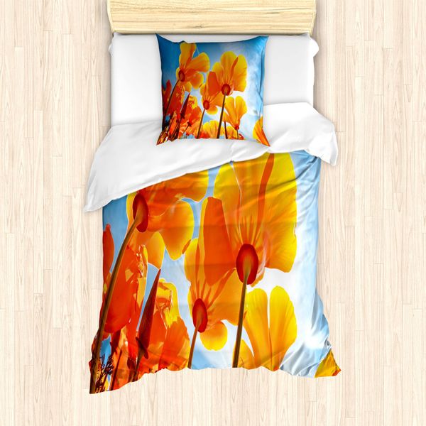Set Copripiumino Abakuhaus Wildflower Per Letti Singoli, Petals Tilt Shot E Cielo, Antiacaro, Adatto A Chi Soffre Di Allergie, Con Federa, 135 Cm X 200 Cm - 80 X 80 Cm, Arancione Bruciato E Blu Azzurro-image