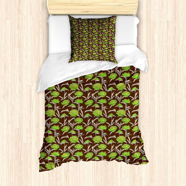 Abakuhaus Set Copripiumino Botanico Per Letti Singoli, Foglie Astratte Nostalgiche, Antiacaro, Adatto A Chi Soffre Di Allergie, Con Federa, 135 Cm X 200 Cm - 80 X 80 Cm, Marrone Verde Linda-image