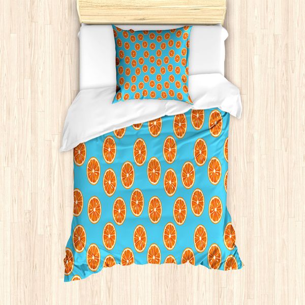 Abakuhaus Set Copripiumino Per Letto Singolo, Agrumi Esotici Rotondi, Antiacaro, Adatto A Chi Soffre Di Allergie, Con Federa, 135 Cm X 200 Cm - 80 X 80 Cm, Azzurro Arancione Bruciato-image