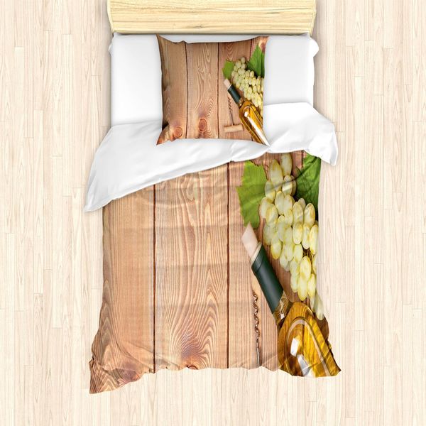 Abakuhaus Set Copripiumino, Bottiglia Di Vino E Grappolo D'uva Su Tavolo Di Legno Sfondo Cena Romantica Italiana, 135 X 200 Cm + 80 X 80 Cm, Verde Marrone-image