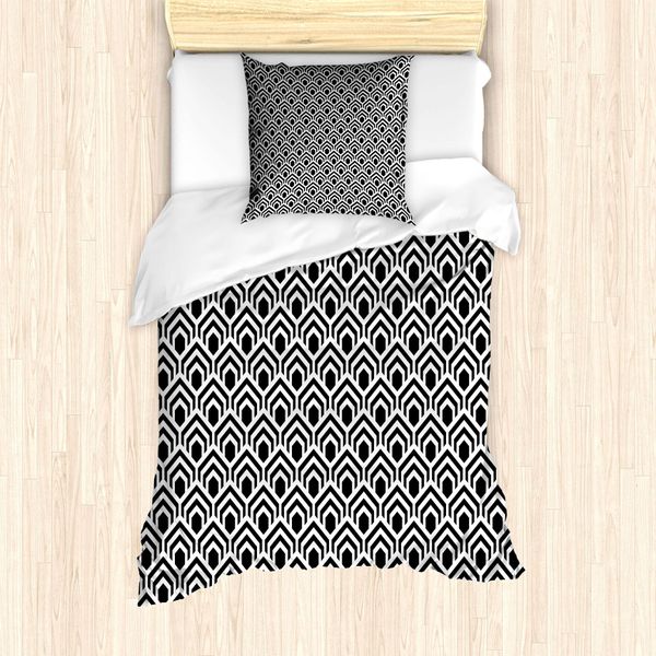 Abakuhaus Set Copripiumino Geometrico Per Letti Singoli, Forme Monocromatiche Annidate, Antiacaro, Adatto A Chi Soffre Di Allergie, Con Federa, 135 Cm X 200 Cm - 80 X 80 Cm, Bianco E Nero-image
