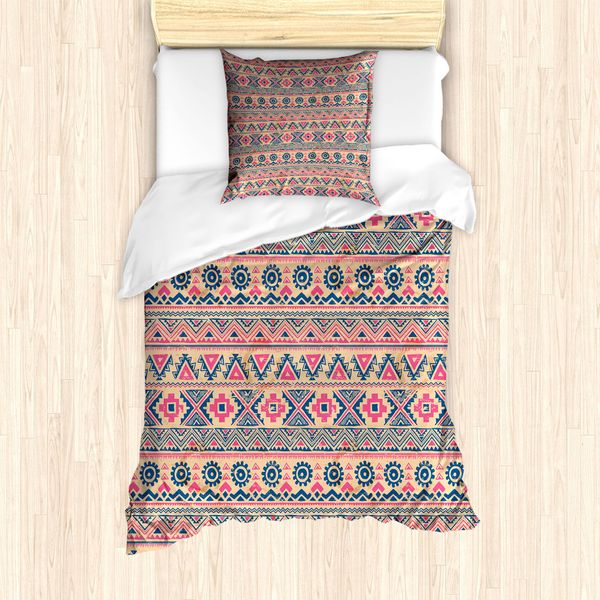 Abakuhaus Set Copripiumino Geometrico Per Letti Singoli, Zigzag Triangoli Cerchi, Antiacaro Adatto A Chi Soffre Di Allergie Con Federa, 135 Cm X 200 Cm - 80 X 80 Cm, Rosa Pastello Marrone-image