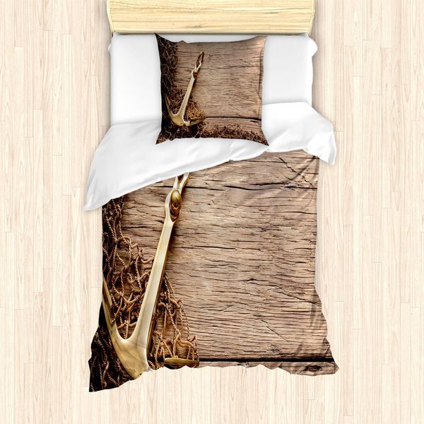 Abakuhaus Set Copripiumino Rustico, Ancora Da Mare E Rete Da Pesca Su Sfondo Di Legno Tema Mare E Pesca, 135 X 200 Cm + 80 X 80 Cm, Marrone E Cacao-image
