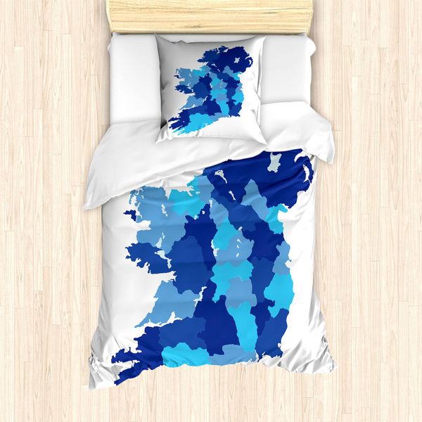 Abakuhaus Irlanda Set Copripiumino Per Letti Singoli, Mappa Monocromatica, Antiacaro, Adatto A Chi Soffre Di Allergie, Con Federa, 135 Cm X 200 Cm - 80 X 80 Cm, Bianco, Blu E Blu Scuro-image