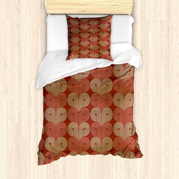 Abakuhaus Set Copripiumino Astratto Per Letti Singoli, Motivo A Strisce Vintage, Antiacaro, Adatto A Chi Soffre Di Allergie, Con Federa, 135 Cm X 200 Cm - 80 X 80 Cm, Paprika Cammello-image