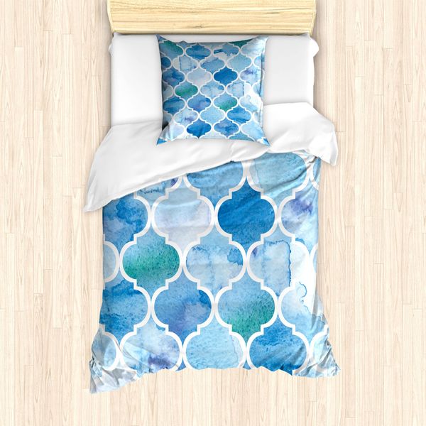 Abakuhaus Set Copripiumino Per Letto Singolo, Acquerello, Motivo Astratto Marocchino, Antiacaro, Adatto A Chi Soffre Di Allergie, Con Federa, 135 Cm X 200 Cm - 80 X 80 Cm, Blu Baby Blue-image