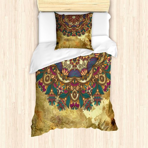 Set Copripiumino Abakuhaus Grunge, Motivo Etnico Paisley Simile A Un Mandala Con Fiori E Boccioli, Immagine Artistica, 135 X 200 Cm + 80 X 80 Cm, Multicolore-image