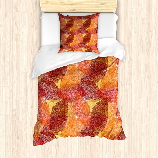 Abakuhaus Set Copripiumino Per Letti Singoli, Motivo Foglie Dettagliato, Antiacaro, Adatto A Chi Soffre Di Allergie, Con Federa, 135 Cm X 200 Cm - 80 X 80 Cm, Arancione Vermiglio-image