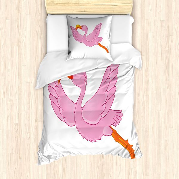 Abakuhaus Set Copripiumino Arancione E Rosa Per Letti Singoli, Fenicotteri Esotici, Antiacaro, Adatto A Chi Soffre Di Allergie, Con Federa, 135 Cm X 200 Cm - 80 X 80 Cm, Arancione Rosa-image