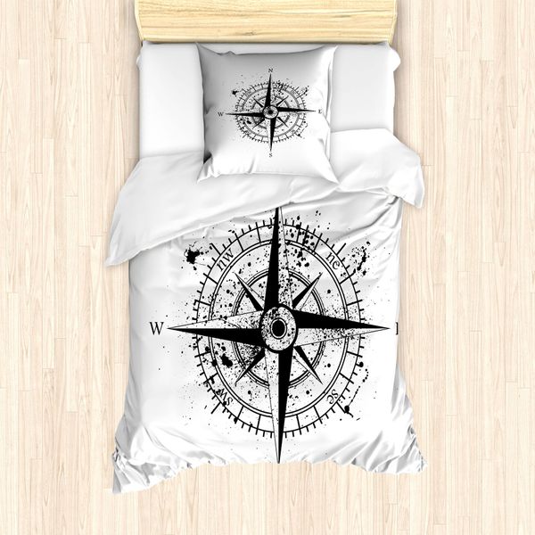Abakuhaus Set Copripiumino Marittimo Per Letti Singoli, Grunge Spritzer Windrose, Antiacaro, Adatto A Chi Soffre Di Allergie, Con Federa, 135 Cm X 200 Cm - 80 X 80 Cm, Grigio Antracite E Bianco-image