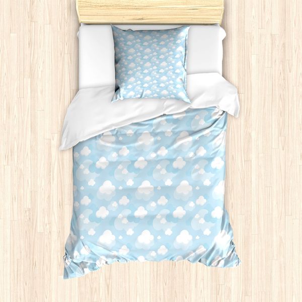 Abakuhaus Set Copripiumino Per Letto Singolo, Grafica Con Nuvole Ritmiche, Antiacaro E Anallergico, Con Federa, 135 Cm X 200 Cm - 80 X 80 Cm, Azzurro E Bianco-image