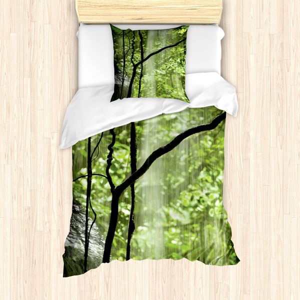 Abakuhaus Set Copripiumino Per Letti Singoli, Cascata Nella Giungla, Antiacaro, Adatto A Chi Soffre Di Allergie, Con Federa, 135 Cm X 200 Cm - 80 X 80 Cm, Verde Marrone-image