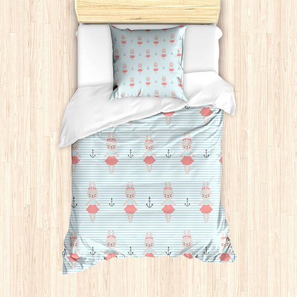 Set Copripiumino Abakuhaus Marine Per Letti Singoli, Coniglietti Su Strisce Oceaniche, Antiacaro, Adatto A Chi Soffre Di Allergie, Con Federa, 135 Cm X 200 Cm - 80 X 80 Cm, Pale Blue Coral-image