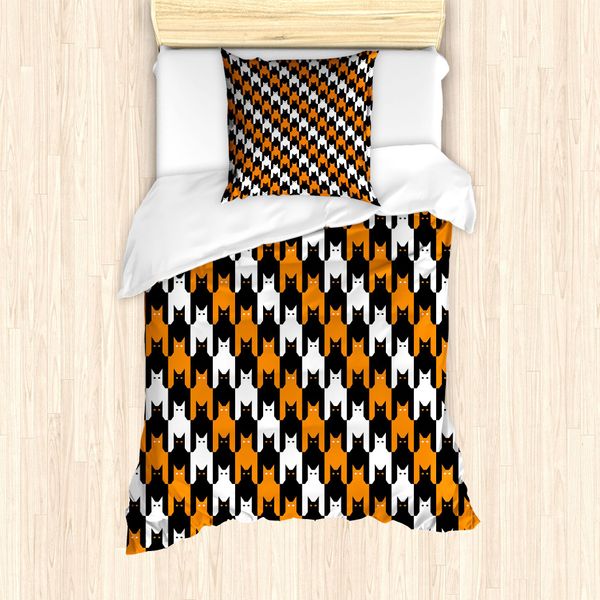 Set Copripiumino Abakuhaus Per Letti Singoli, Motivo Catstooth, Antiacaro, Adatto A Chi Soffre Di Allergie, Con Federa, 135 Cm X 200 Cm - 80 X 80 Cm, Arancione, Nero, Bianco-image