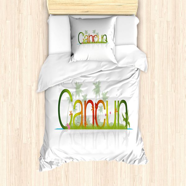 Abakuhaus Cacun Set Copripiumino Per Letti Singoli, Tropic Wording Palme, Antiacaro, Adatto A Chi Soffre Di Allergie, Con Federa, 135 Cm X 200 Cm - 80 X 80 Cm, Bianco Multicolore-image