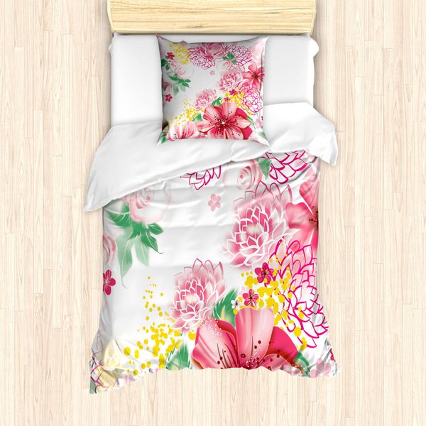 Abakuhaus Set Copripiumino Per Letti Singoli, Fiori E Pois, Antiacaro, Adatto A Chi Soffre Di Allergie, Con Federa, 135 Cm X 200 Cm - 80 X 80 Cm, Rosa Pastello-Senape-image