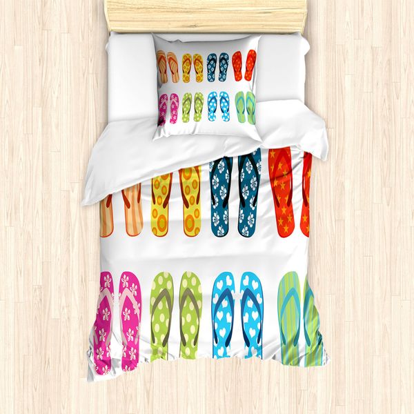 Set Copripiumino Estivo Abakuhaus Per Letti Singoli, Pantofole A Tema Vacanze, Antiacaro E Anallergico Con Federa, 135 Cm X 200 Cm - 80 X 80 Cm, Multicolore-image