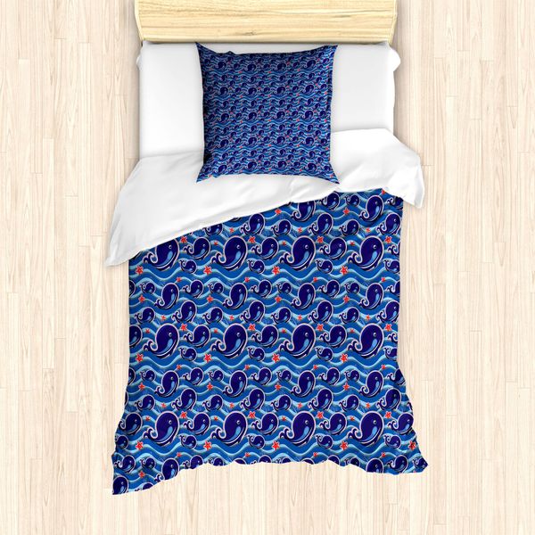 Abakuhaus Set Copripiumino Per Letti Singoli, Big Cartoon Pesci Mammiferi, Antiacaro Adatto A Chi Soffre Di Allergie Con Federa, 135 Cm X 200 Cm - 80 X 80 Cm, Blu Indaco-Cobalto-image
