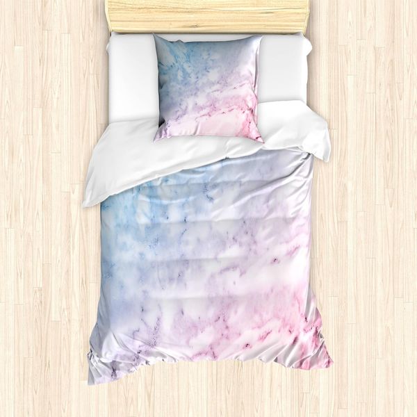 Set Copripiumino In Marmo Abakuhaus, Tonalità Pastello, Nuvoloso, Sfumato, Con Crepe, Design Shabby Chic Antico, 135 X 200 Cm + 80 X 80 Cm, Azzurro Pallido Rosa Baby-image
